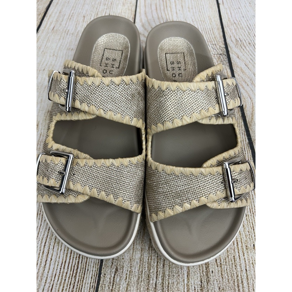 Shu Shop Slide Sandal Laura 8.5 Gold Woven Platform Open Toe Chunky Comfort Boho - Picture 4 of 8
